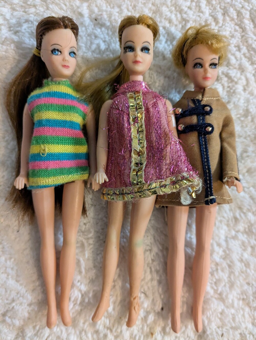 Vintage Fashion topper Doll Set - Pink, Green, Tan Dresses